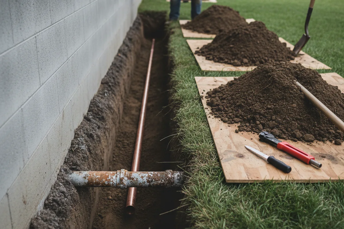 Excavated water line trench during Sewer Line Repair in Chatsworth